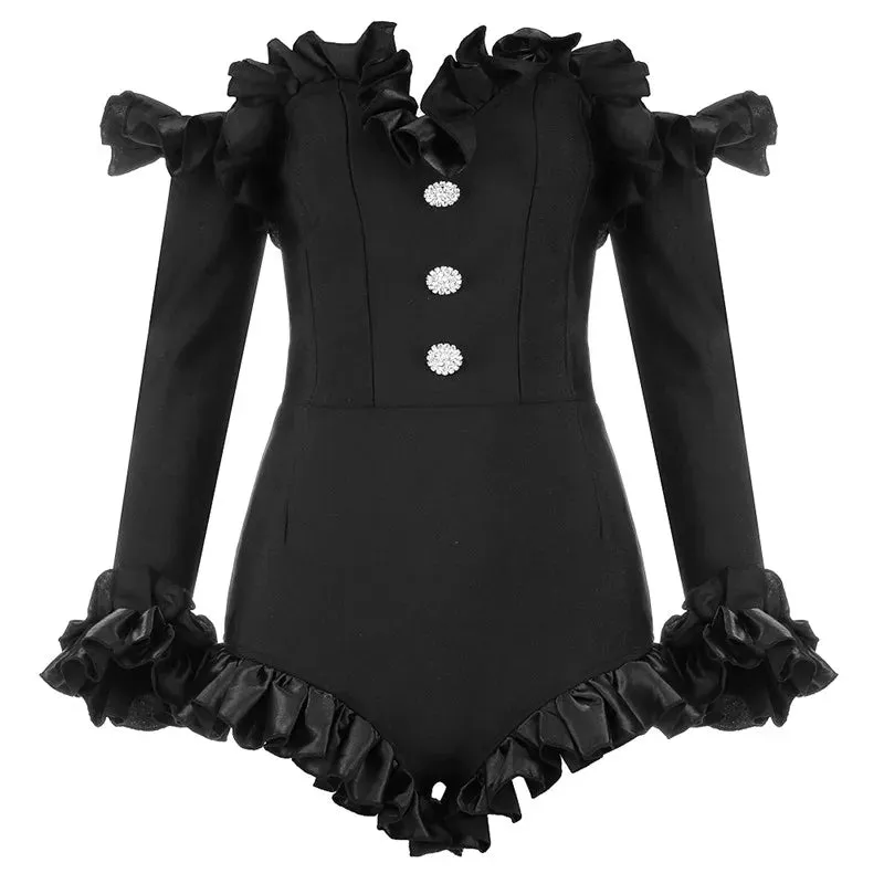 ARWEN&AJH GROUP New Design Black Off Shoulder Detachable Sleeve Ruffle Fashion 2024 Jumpsuit Women