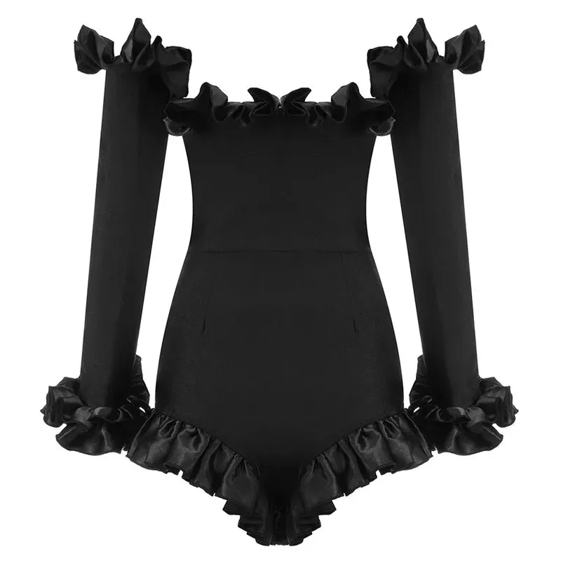 ARWEN&AJH GROUP New Design Black Off Shoulder Detachable Sleeve Ruffle Fashion 2024 Jumpsuit Women
