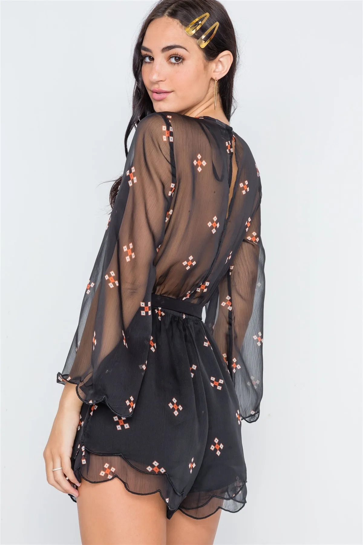 Black Chiffon Surplice Neck Long Sleeve Romper