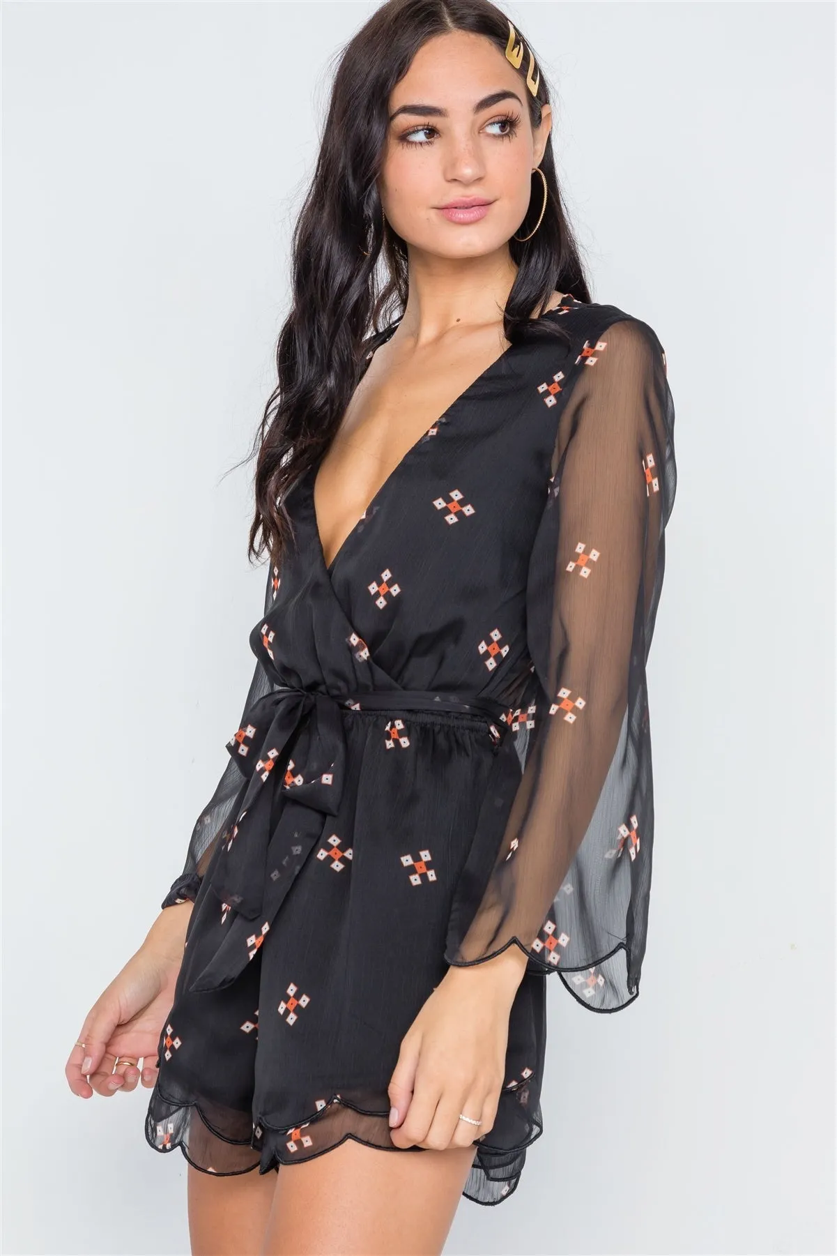 Black Chiffon Surplice Neck Long Sleeve Romper
