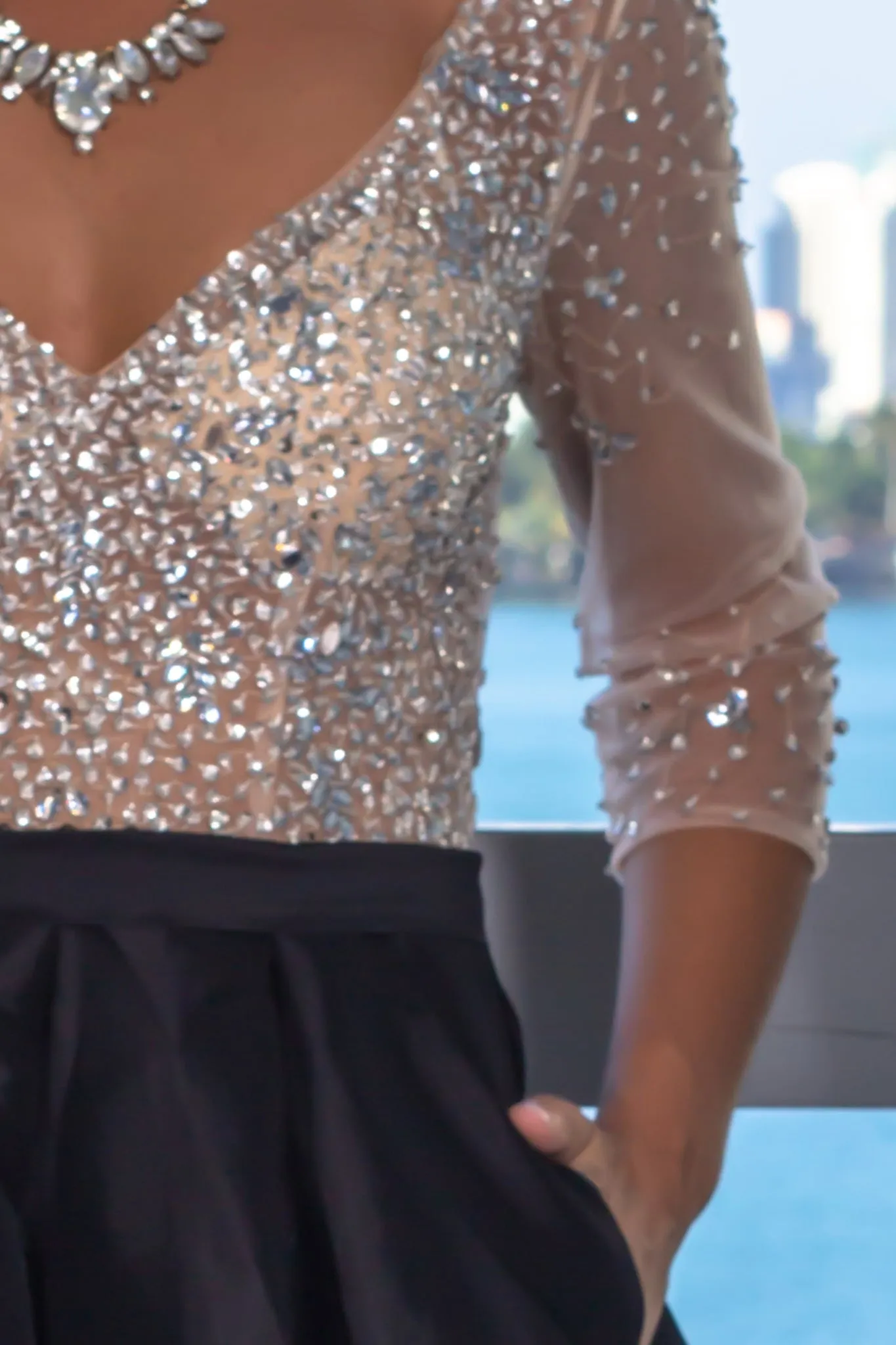 Black Jeweled Top Maxi Dress with Pockets