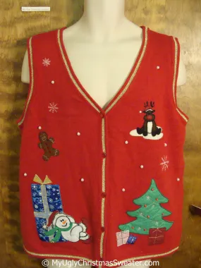 Cheap Red Xmas Vest with Reindeer, Snowman and Tree