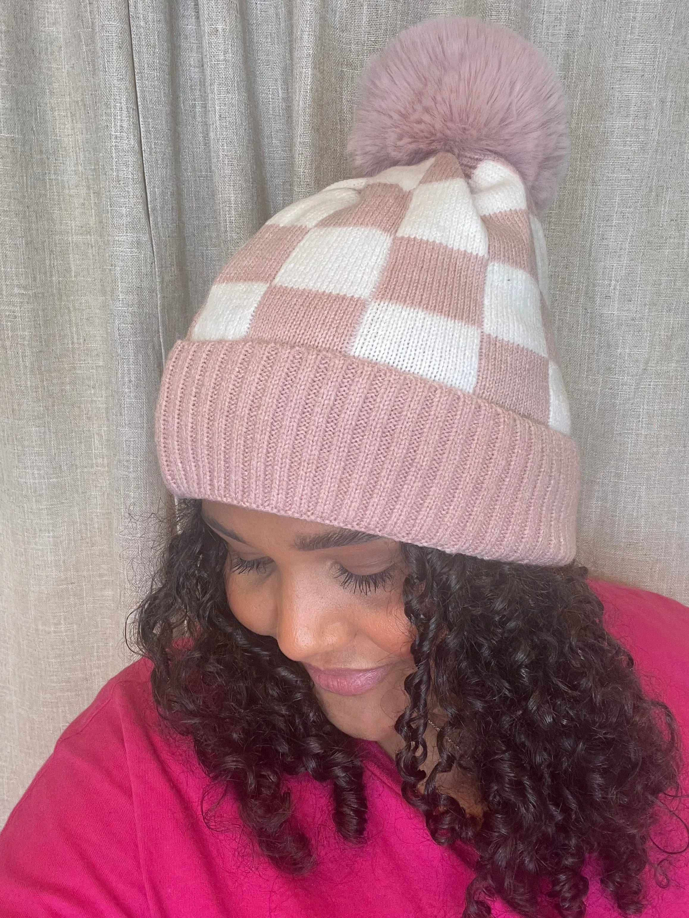 Checkered Pattern Pom Beanie