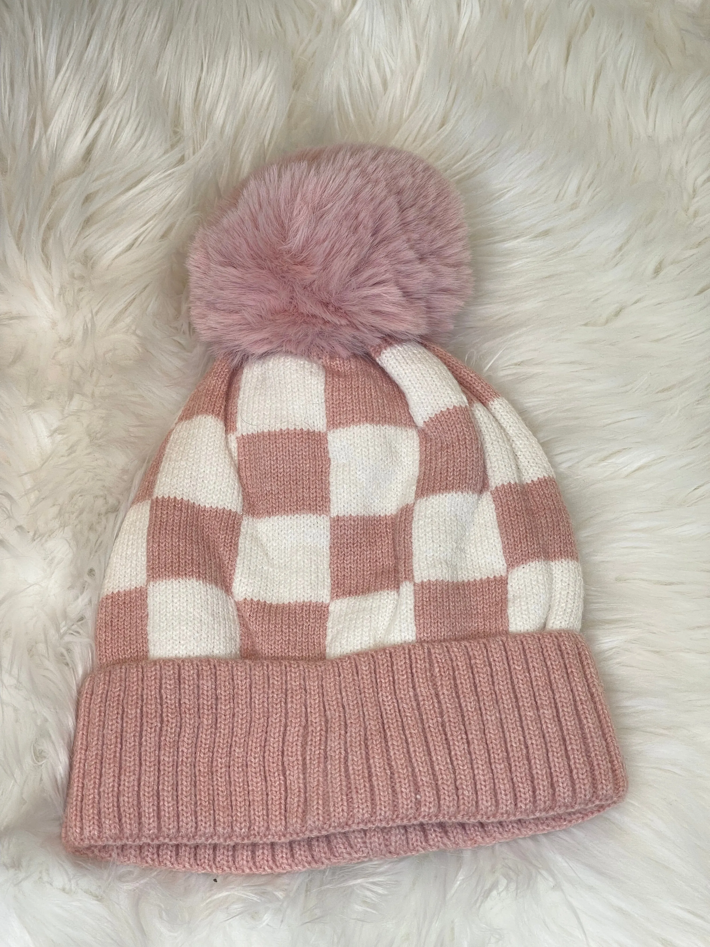 Checkered Pattern Pom Beanie