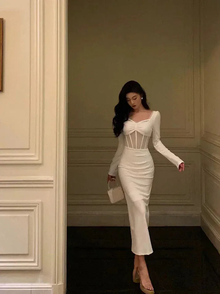 Classy Sheath Long Sleeves White Prom Dresses Birthday Outfits Evening Gown , LTP3611