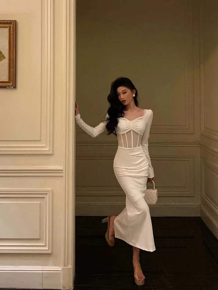 Classy Sheath Long Sleeves White Prom Dresses Birthday Outfits Evening Gown , LTP3611