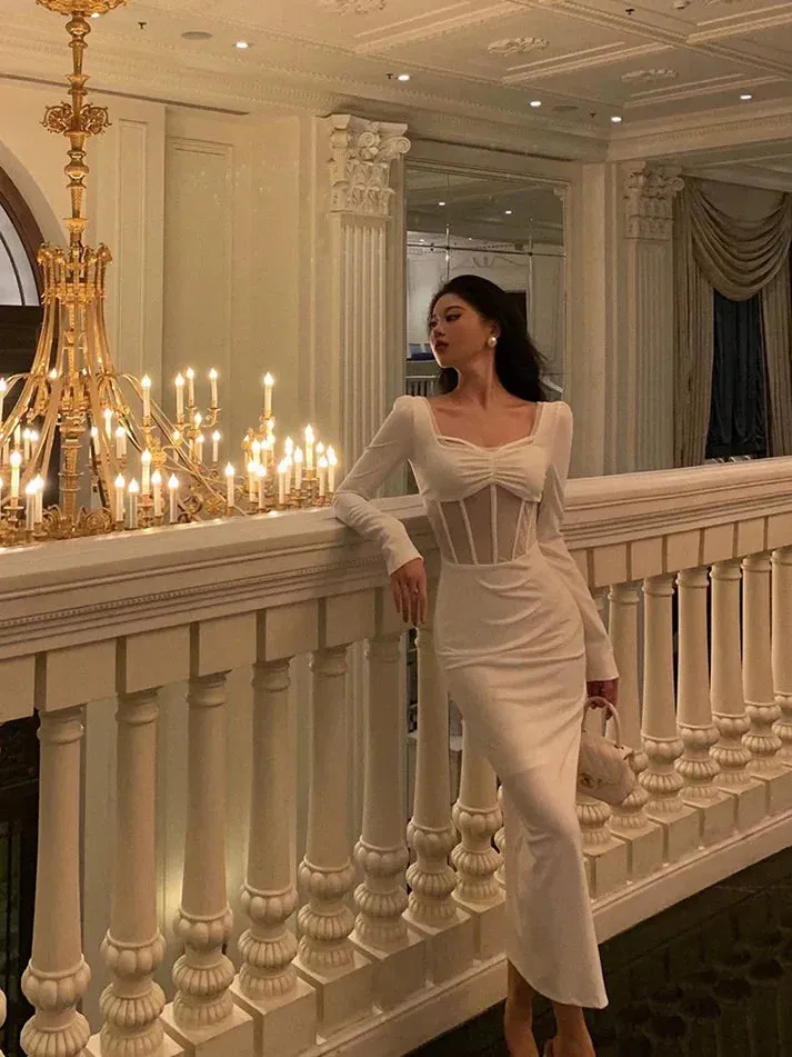 Classy Sheath Long Sleeves White Prom Dresses Birthday Outfits Evening Gown , LTP3611