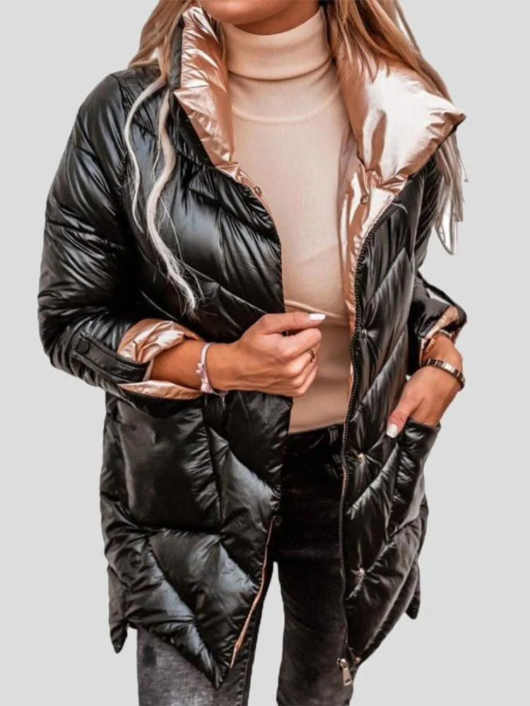 Coats Solid Glossy Stand-Up Collar Zipper Cotton Coat for Women