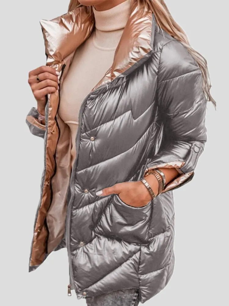 Coats Solid Glossy Stand-Up Collar Zipper Cotton Coat for Women