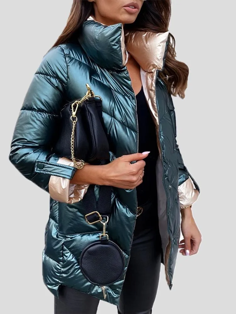 Coats Solid Glossy Stand-Up Collar Zipper Cotton Coat for Women