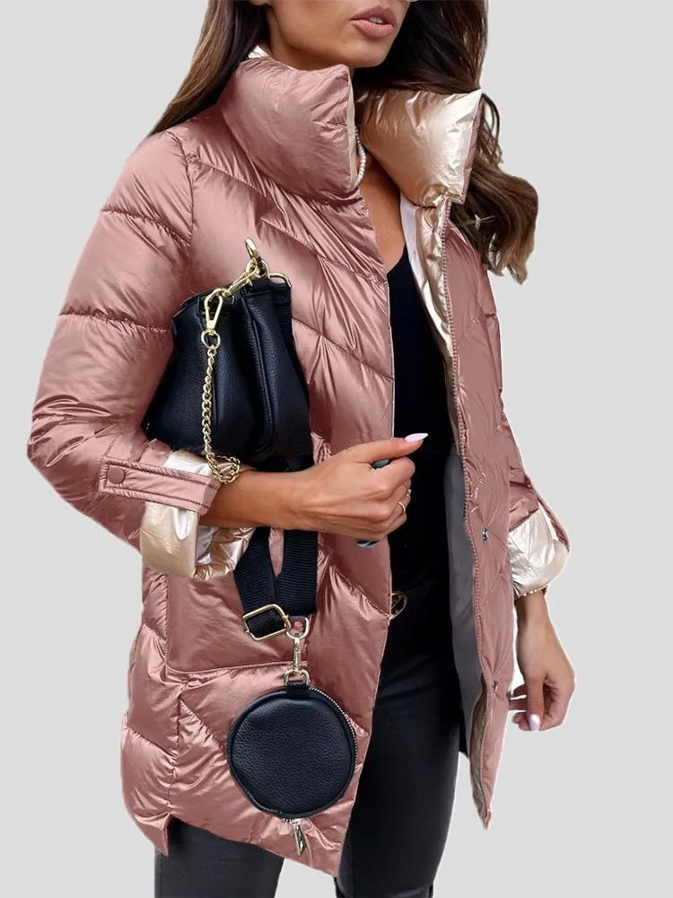 Coats Solid Glossy Stand-Up Collar Zipper Cotton Coat for Women