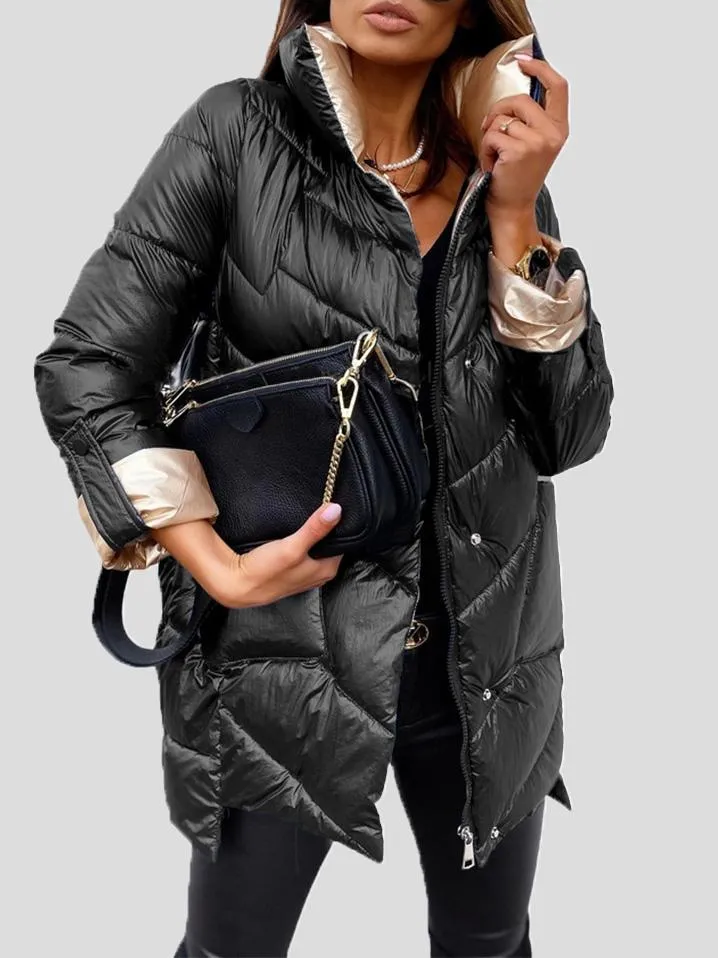 Coats Solid Glossy Stand-Up Collar Zipper Cotton Coat for Women