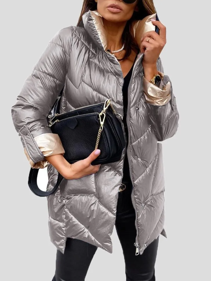 Coats Solid Glossy Stand-Up Collar Zipper Cotton Coat for Women