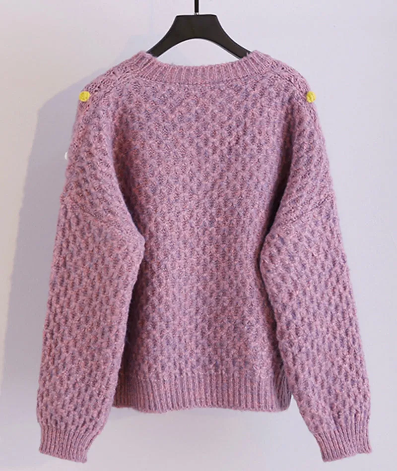 Colorful pom poms embellished round neck chunky sweater  062