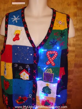Crazy Blue Patchwork Christmas Sweater Vest with Lights