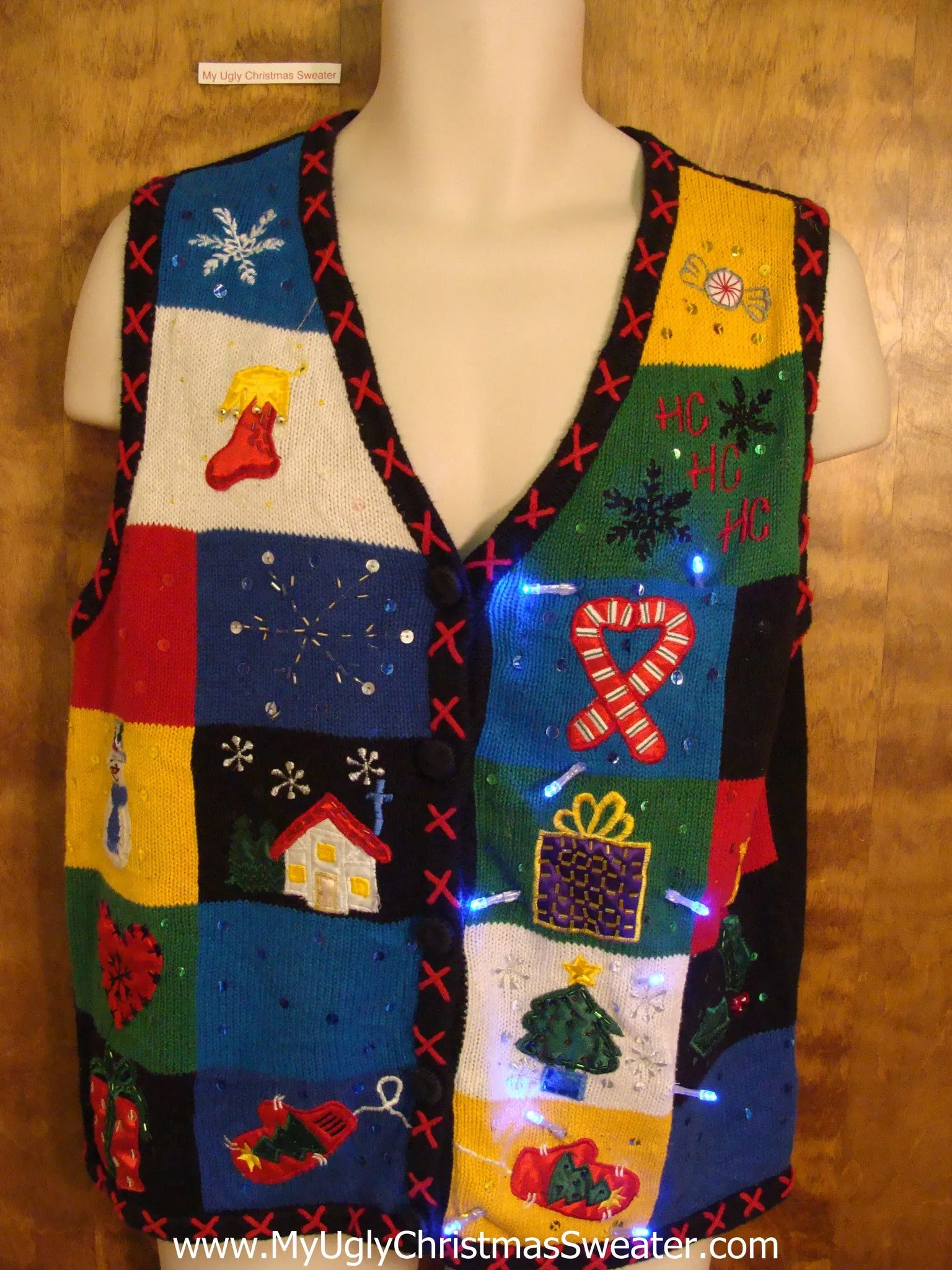 Crazy Blue Patchwork Christmas Sweater Vest with Lights