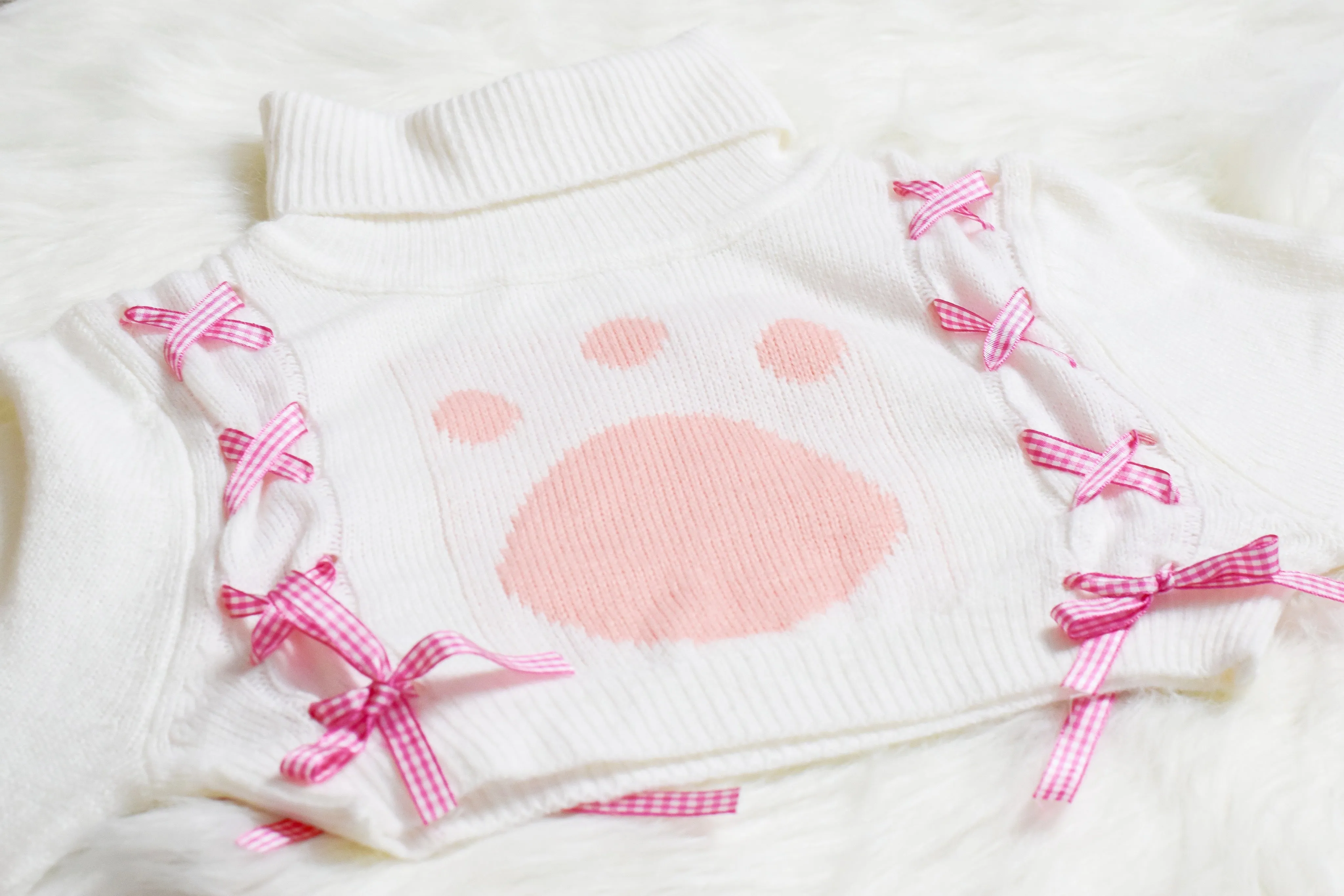 Cute Cat Paw Crop Sweater with Pink Ribbon Detail