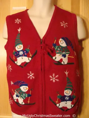 Four Skiing Snowmen Red Christmas Sweater Vest