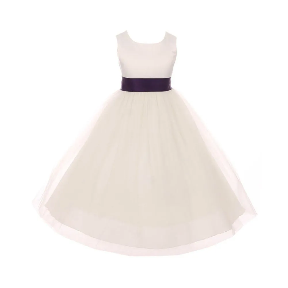 Girls Ivory Eggplant Satin Sash Bow Junior Bridesmaid Dress 2-14