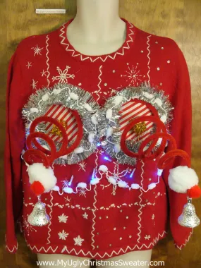Light Up Funny 3D Springy Boobs Ugly Xmas Sweater