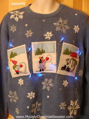 Light Up Ugly Xmas Sweater Blue Pullover Winter Snow