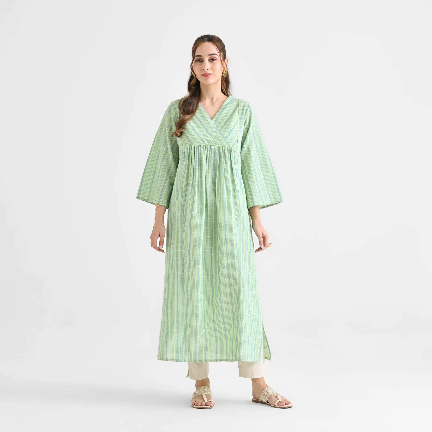 Lime Green Woven Stripe Cotton Kurta With Overlap Neckline & Piping Detail