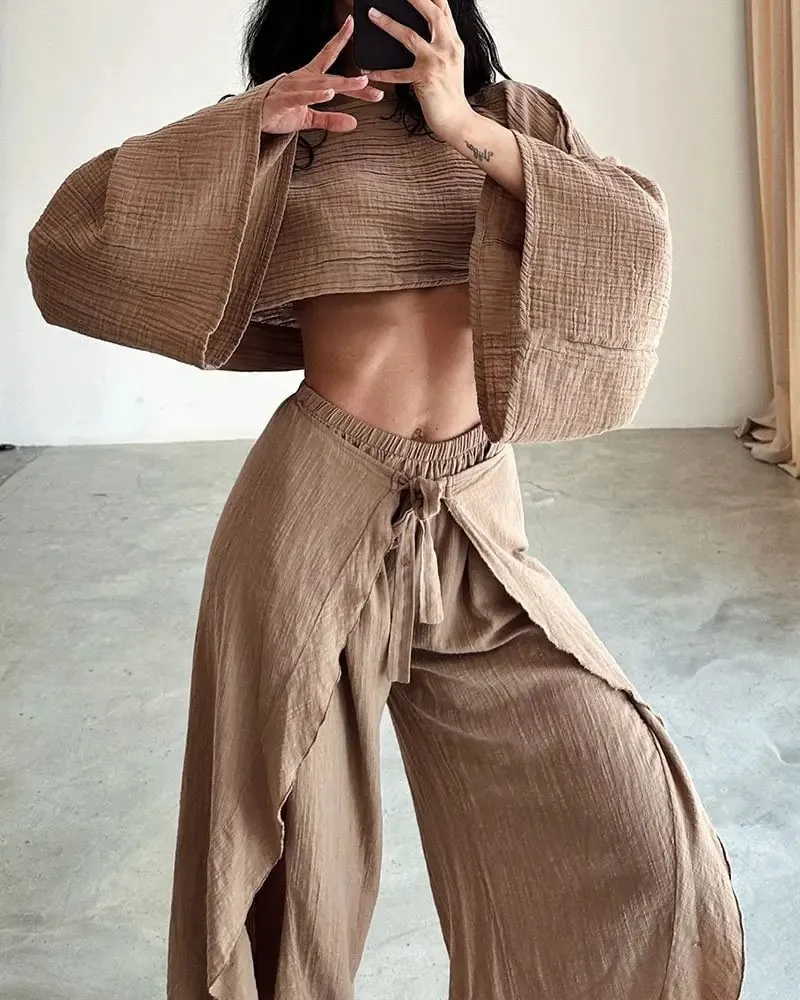 Marney's Summer Fishermans Pants Sets Cotton Linen Cropped Top And Slit Wide Leg Pants