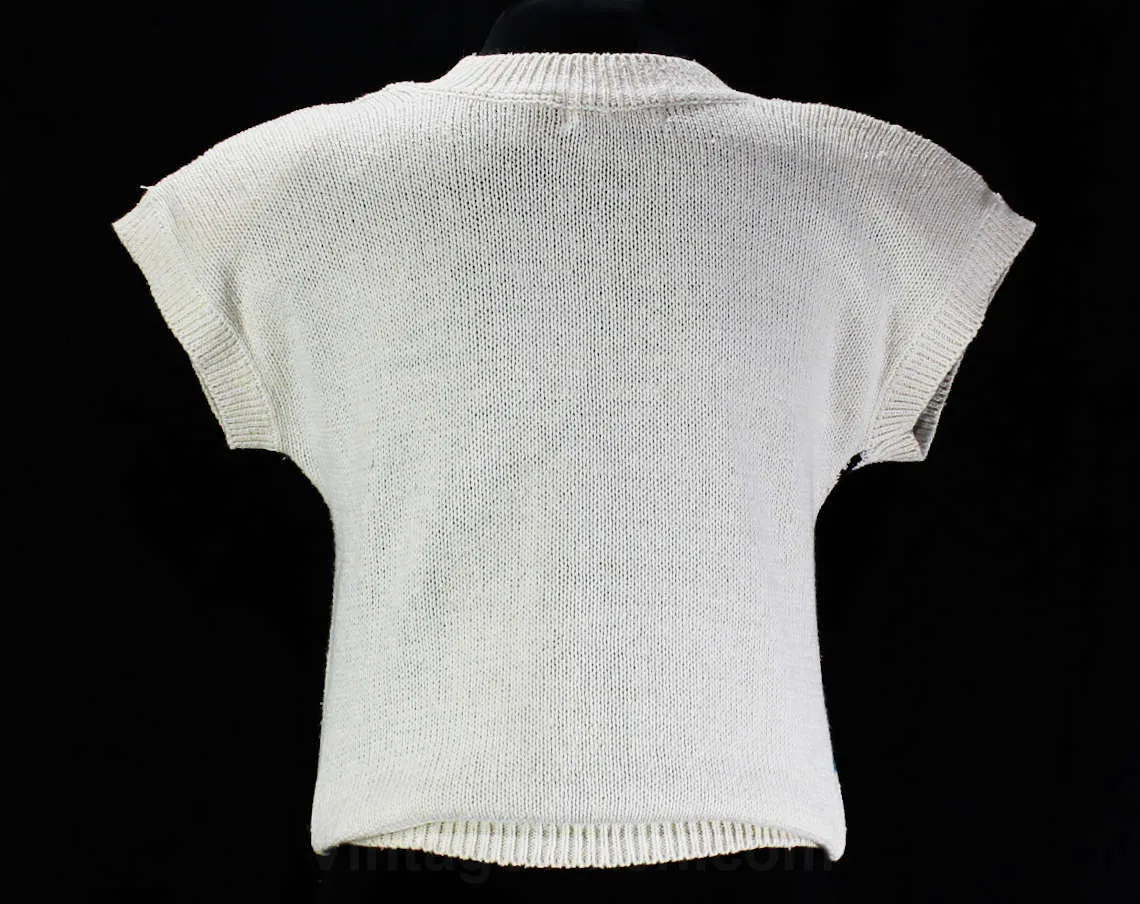 Medium 80s Teal Sweater - Short Sleeved Casual Pullover - Retro Nubby Yarn Flowers - Black & White Avant Garde 1980s Knit Top - Bust 37.5