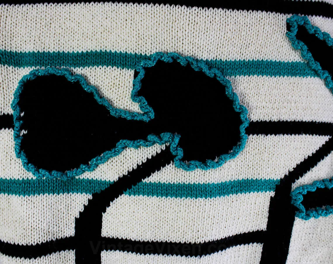 Medium 80s Teal Sweater - Short Sleeved Casual Pullover - Retro Nubby Yarn Flowers - Black & White Avant Garde 1980s Knit Top - Bust 37.5