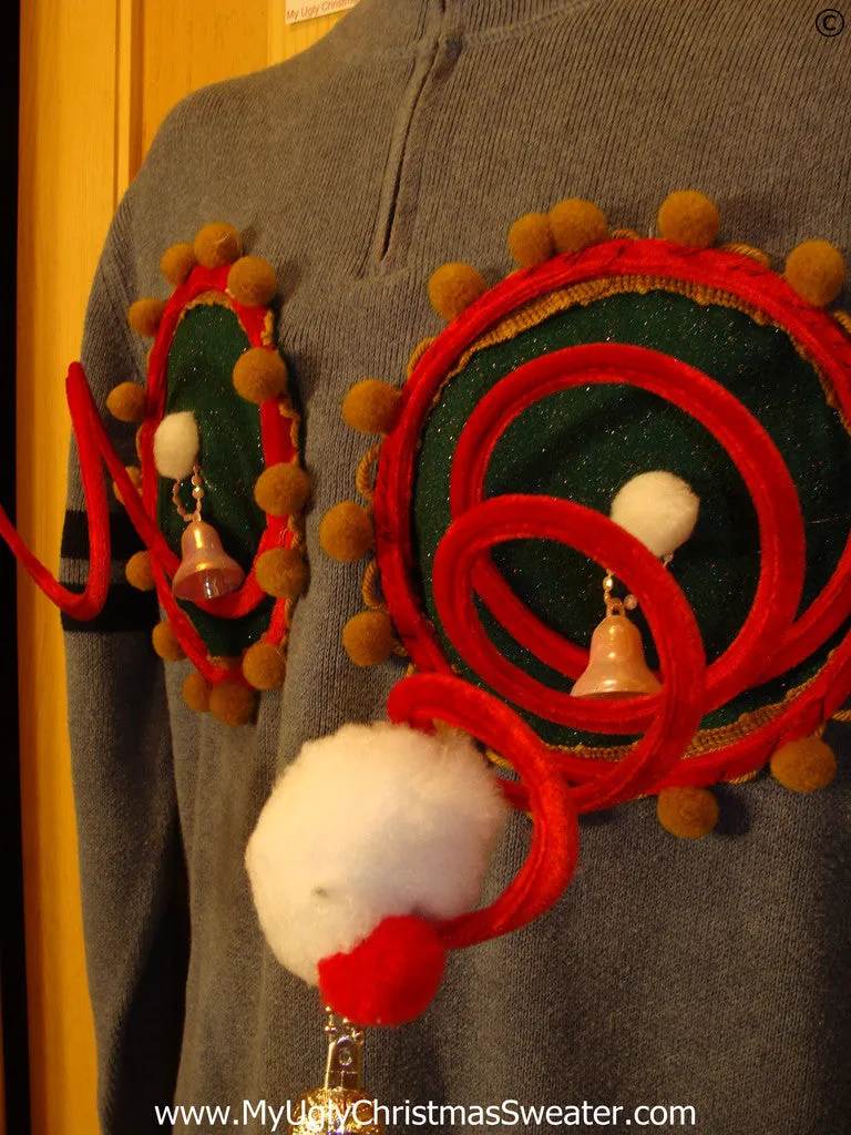 Mens Naughty Tacky Ugly Christmas Sweater with Funny Springy 3D Accents and Fringe and Dangling Balls Glitter Ornaments  (r34)