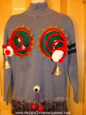 Mens Naughty Tacky Ugly Christmas Sweater with Funny Springy 3D Accents and Fringe and Dangling Balls Glitter Ornaments  (r34)