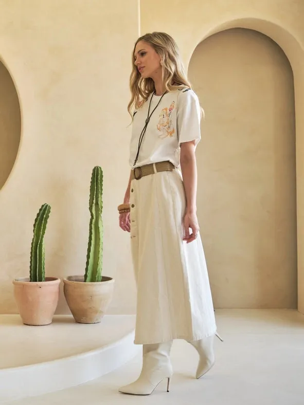Mid Rise Stretch Midi Denim Skirt IVORY