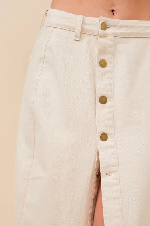 Mid Rise Stretch Midi Denim Skirt IVORY