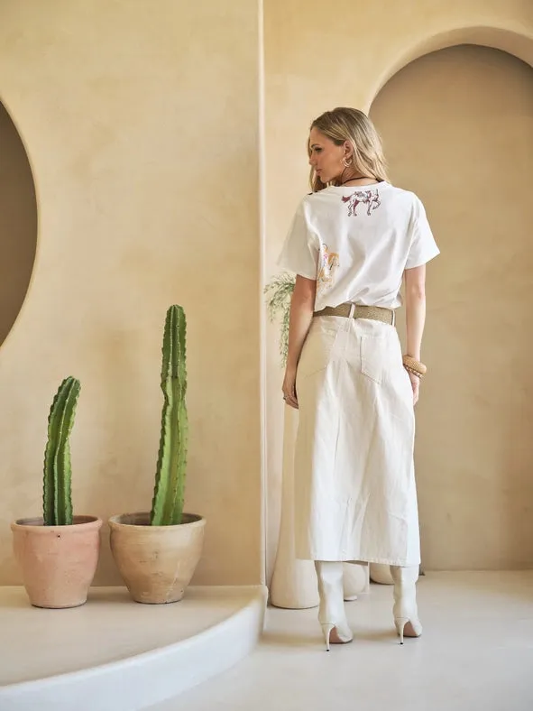 Mid Rise Stretch Midi Denim Skirt IVORY