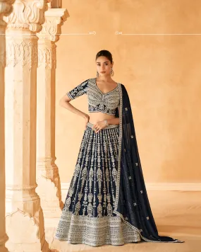 Midnight Blue Embroidered Crop Top and Skirt Lehenga Set
