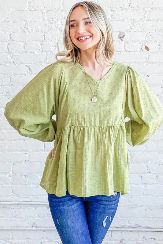 Olive Green Textured V-Neck Babydoll Blouse