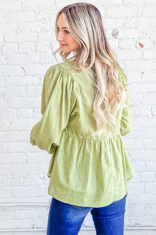Olive Green Textured V-Neck Babydoll Blouse