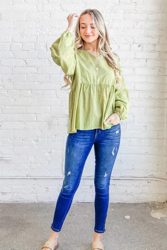 Olive Green Textured V-Neck Babydoll Blouse