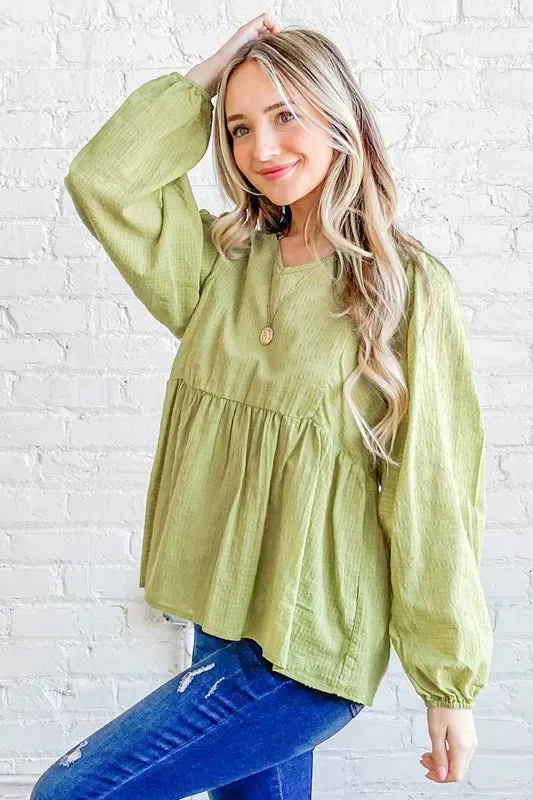 Olive Green Textured V-Neck Babydoll Blouse