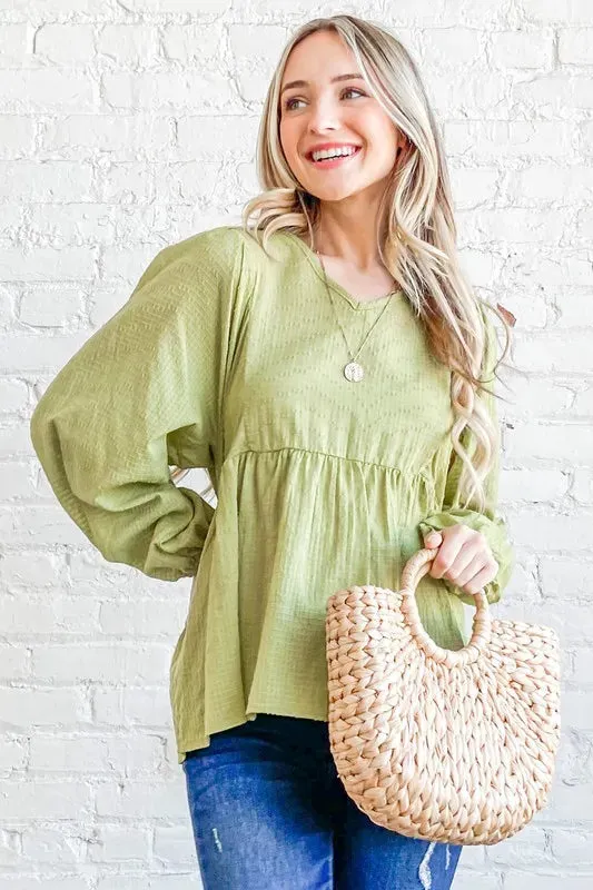 Olive Green Textured V-Neck Babydoll Blouse