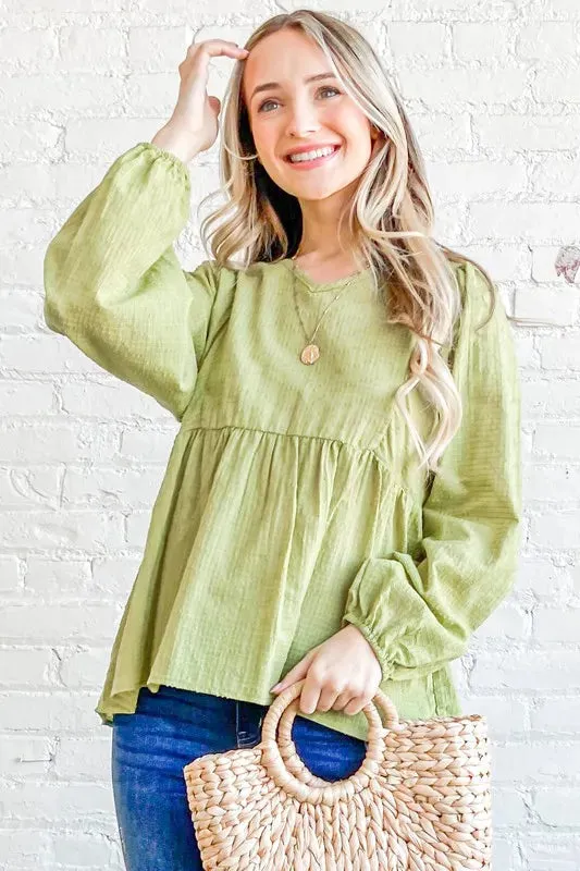 Olive Green Textured V-Neck Babydoll Blouse