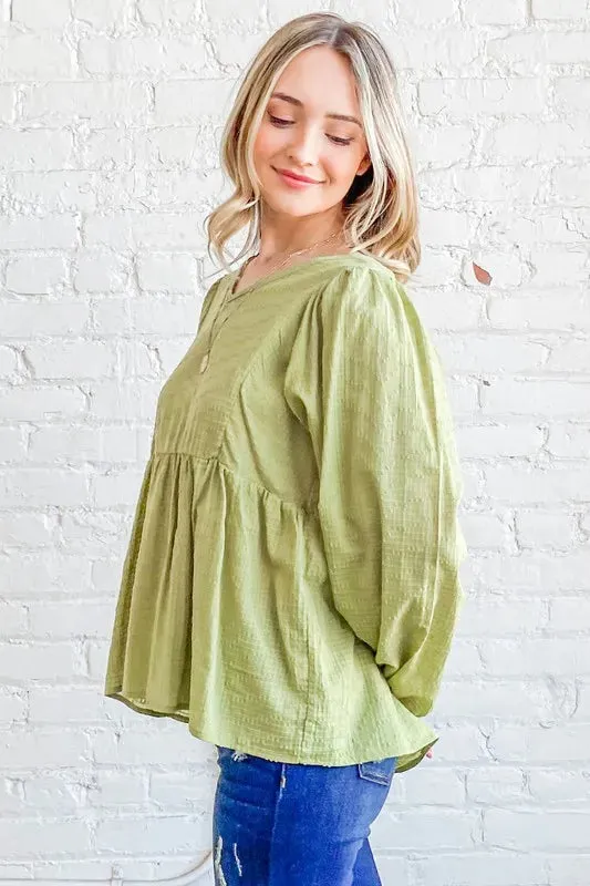Olive Green Textured V-Neck Babydoll Blouse