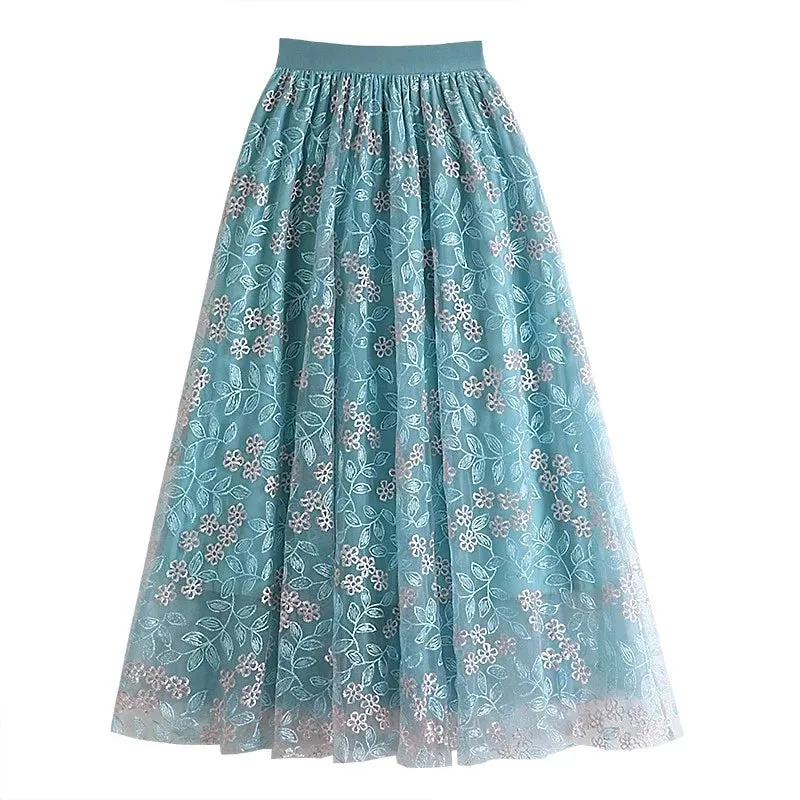 Primrose's Floral Tulle Skirt Embroidered Lace High Waist Midi Skirt
