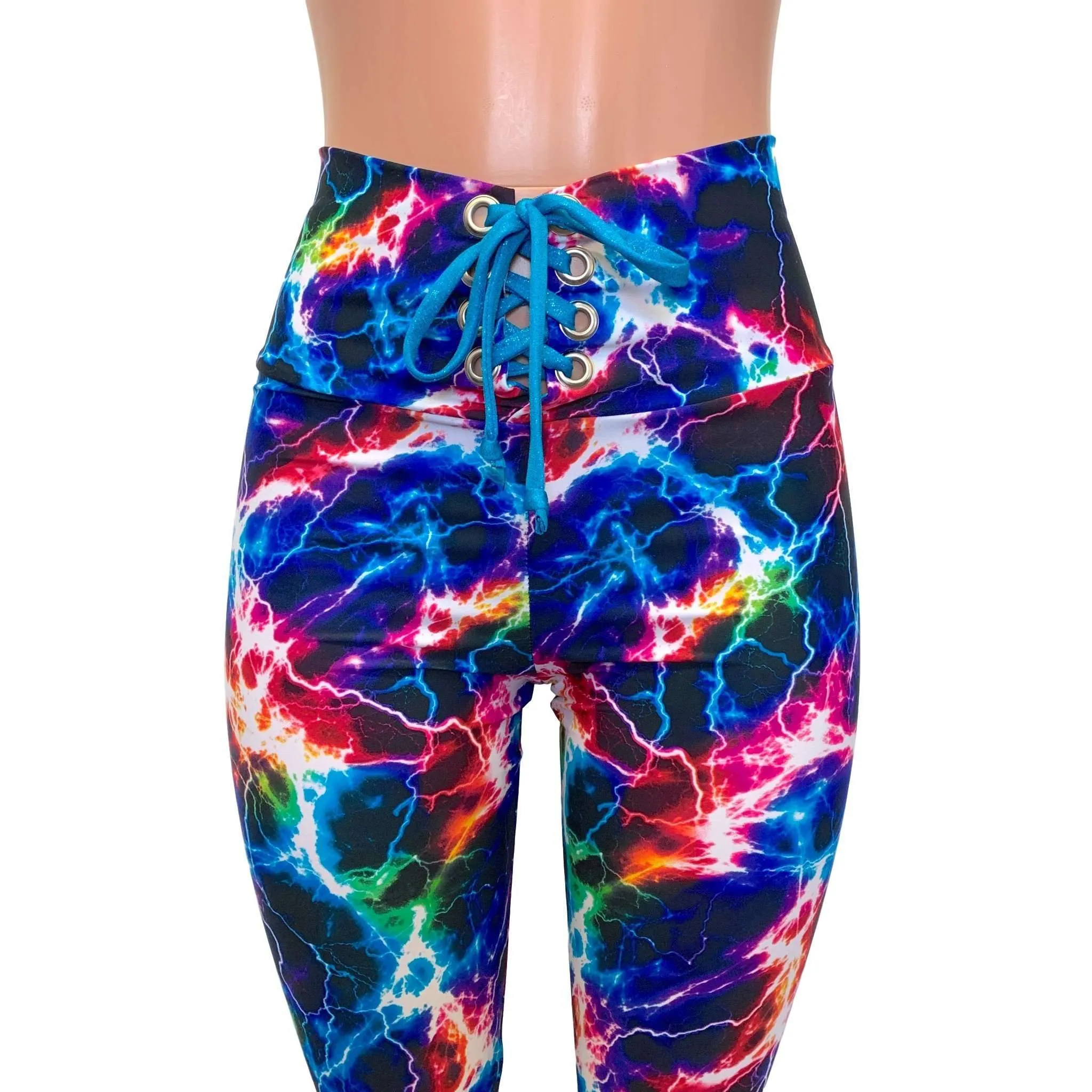 SALE - Lace-Up High Waist Bell Bottoms - Cosmic Thunder UV Glow