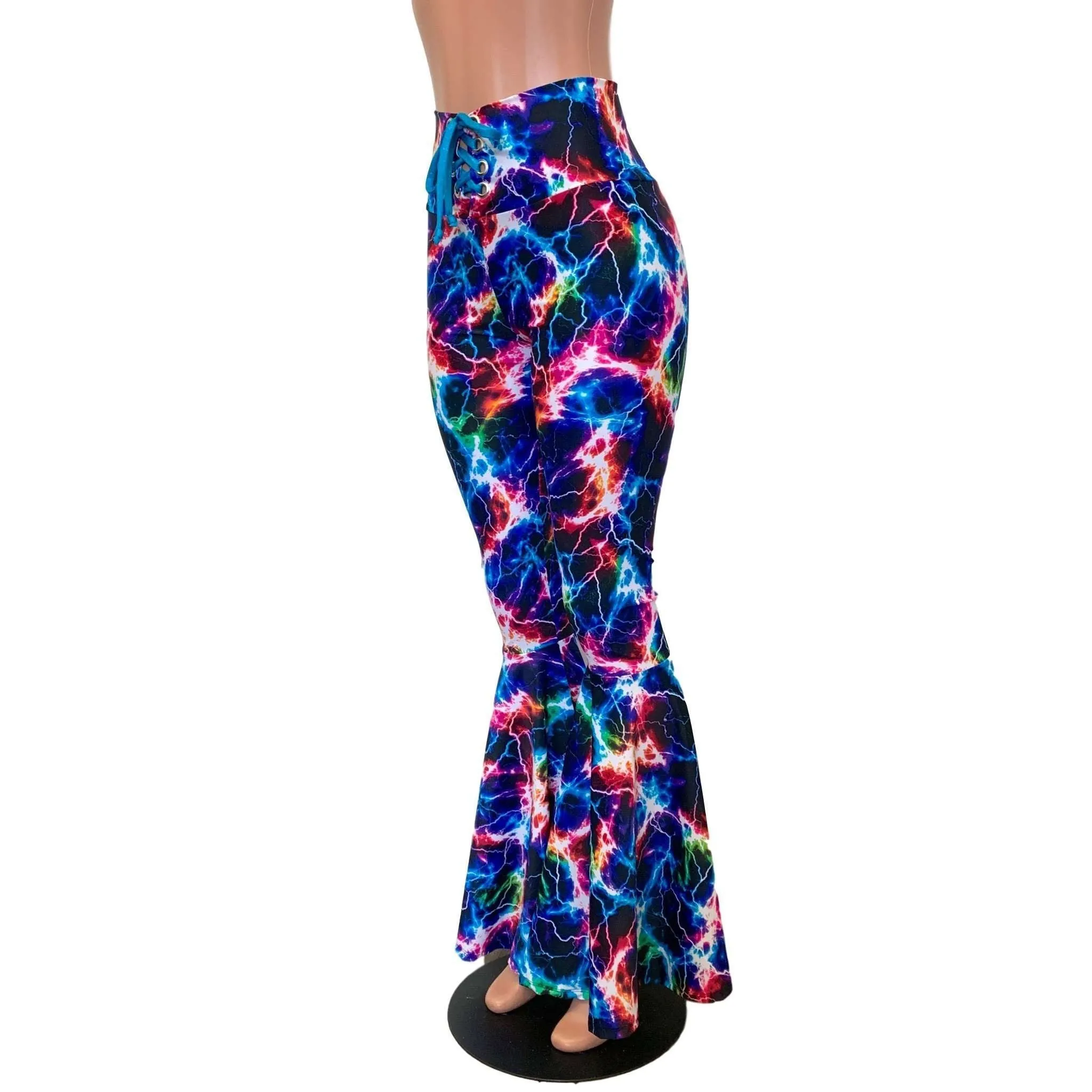 SALE - Lace-Up High Waist Bell Bottoms - Cosmic Thunder UV Glow