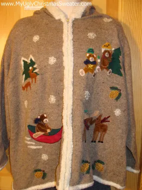 Tacky Cheap Ugly Christmas Sweater Hoodie with Festive Bears and Reindeer (f504)