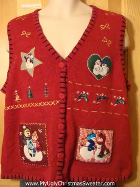 Tacky Cheap Ugly Christmas Sweater Vest with Crafty Hearts, Stars, and Snowmen (f575)