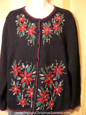 Tacky Cheap Ugly Christmas Sweater with Bead Bling Poinsettas (f655)