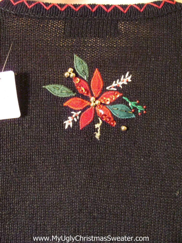 Tacky Cheap Ugly Christmas Sweater with Bead Bling Poinsettas (f655)