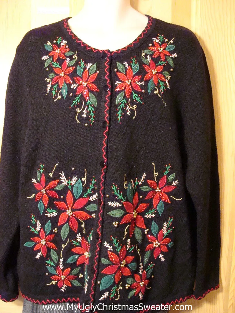 Tacky Cheap Ugly Christmas Sweater with Bead Bling Poinsettas (f655)